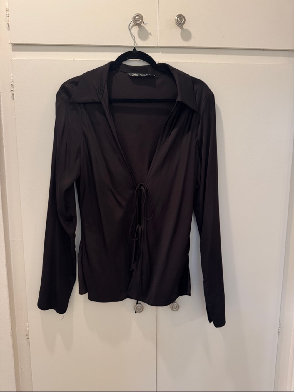 Zara Black Tie-Front Long Sleeve Shirt